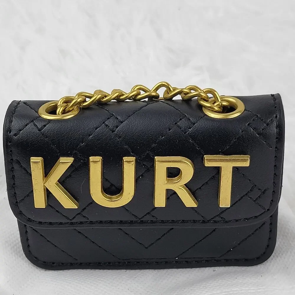Designer Micro Mini Purse Black Quilted Brass Spell Out Crossbody Chain Bag New